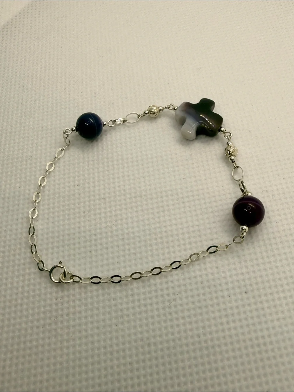 925 Sterling Silver Bracelet with Purple and Blue Beads and Cross Charm